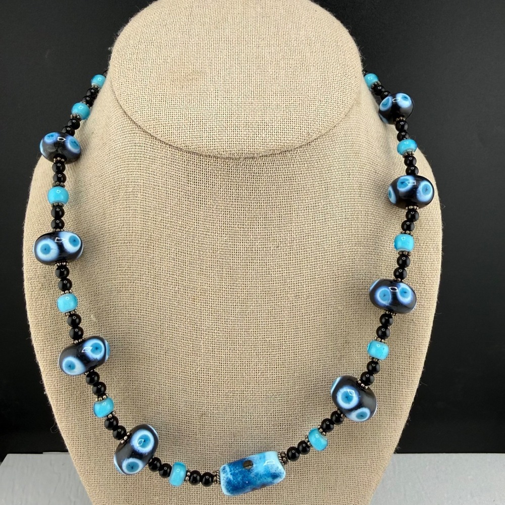 Art Glass Necklace Blue Black Beaded Toggle 18in